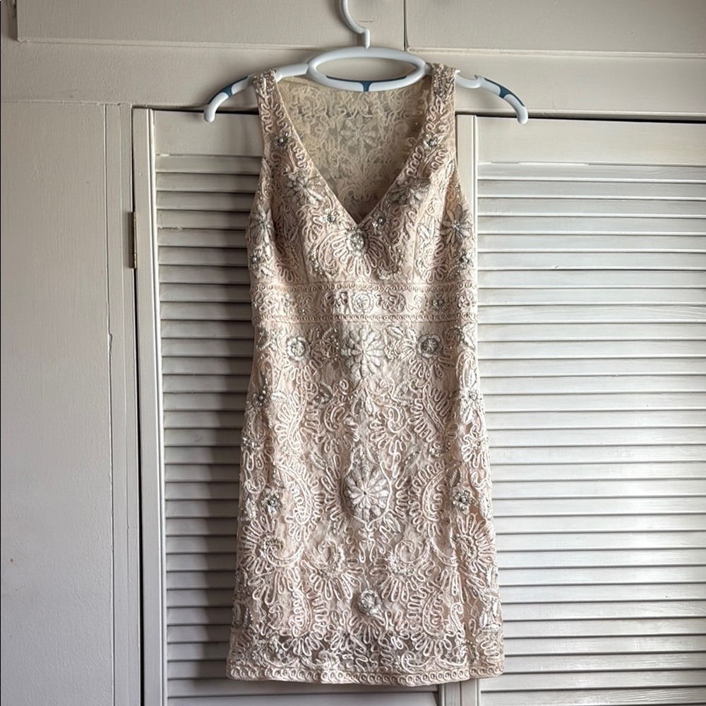 Sue Wong Beaded and Embroidered V-Neck Mini Dress, Size 4
